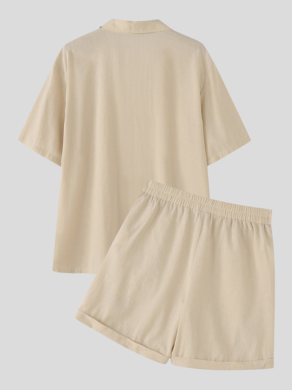 Men's Solid Color V Neck Lapel Casual Two Pieces Outfit SKUL23482