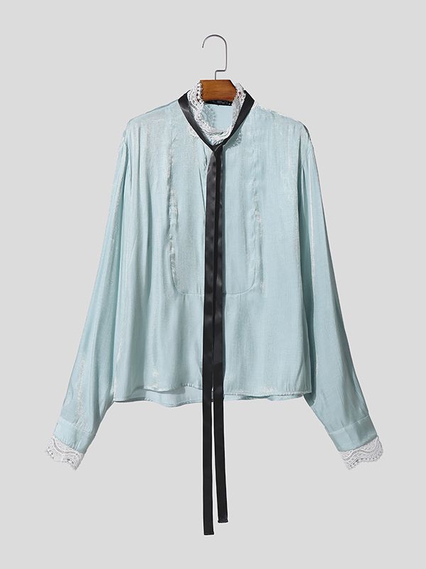 Men's Lace Trim Patchwork Ribbon Design Long Sleeve Shirt SKUL50006