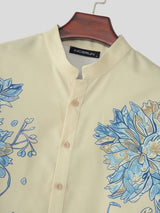 Men's Neo-Chinese Mandrin Collar All-Over Architectural Chrysanthemum Print Short Sleeve Shirt SKUL68399