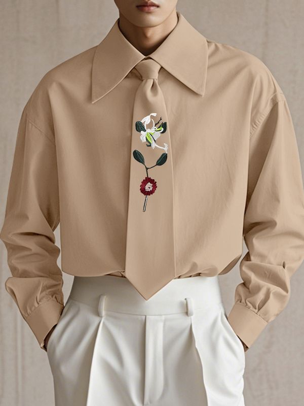 Men's Embroidered Tie Long Sleeve Shirt SKUL44951