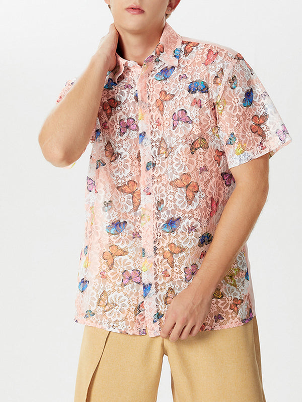 Mens Butterfly Print See Through Casual Shirt SKUK56390