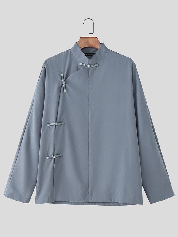 Men's Solid Color Frog Button Long Sleeve Shirt SKUL40230