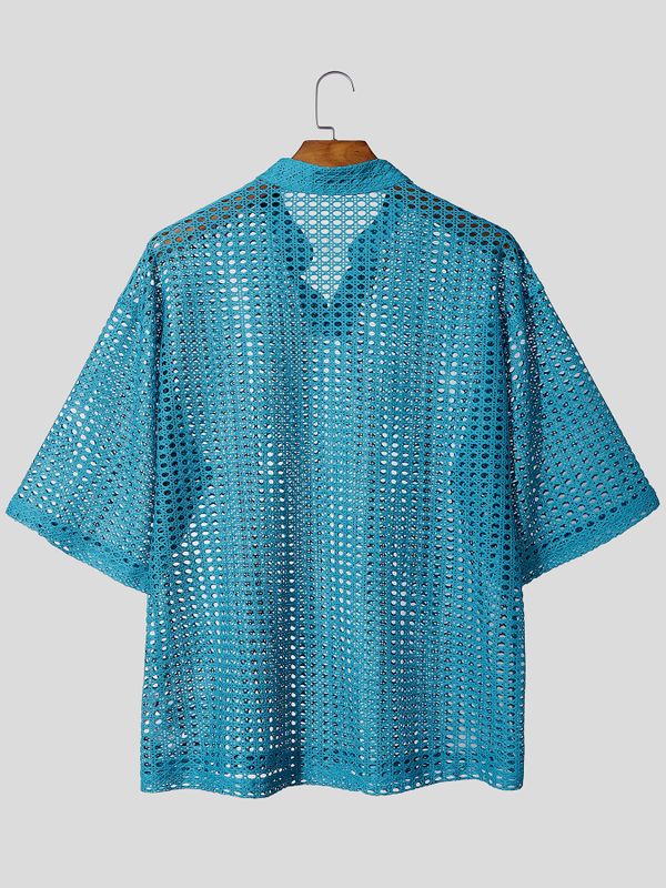 Men's Sheer Mesh Stand Collar Short Sleeve T-shirt SKUL59482