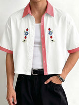 Men's Japanese Casual Floral Print Boxy Cropped Short Sleeve Shirt SKUL74581