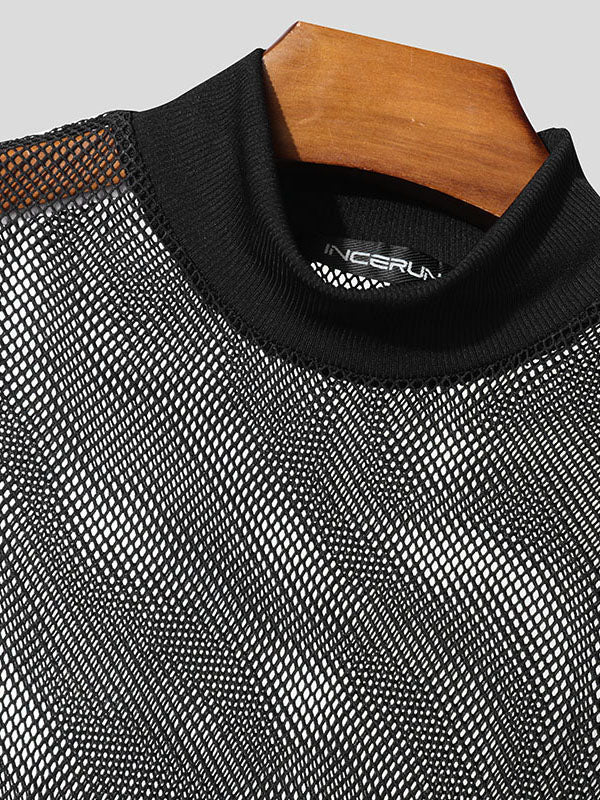 Mens Sheer Mesh Mock Neck Short Sleeve T-Shirt SKUL03161