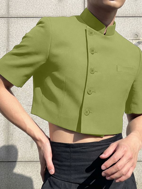 Men's Solid Color Stand Collar Cropped Short Sleeve Blazer SKUL50074