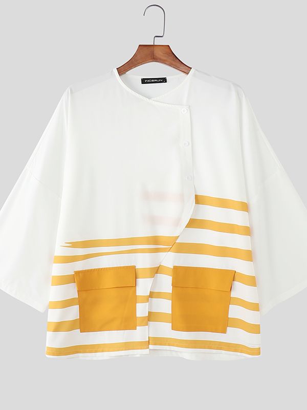 Men's Striped Pocket Loose Long Sleeve Shirt SKUL27175