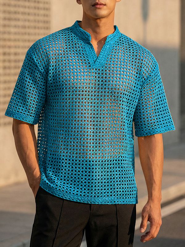 Men's Sheer Mesh Stand Collar Short Sleeve T-shirt SKUL59482