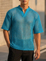 Men's Sheer Mesh Stand Collar Short Sleeve T-shirt SKUL59482
