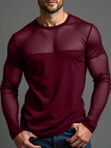 Mens Mesh Design Slim Fit Patchwork Long Sleeve T-Shirt SKUK85958