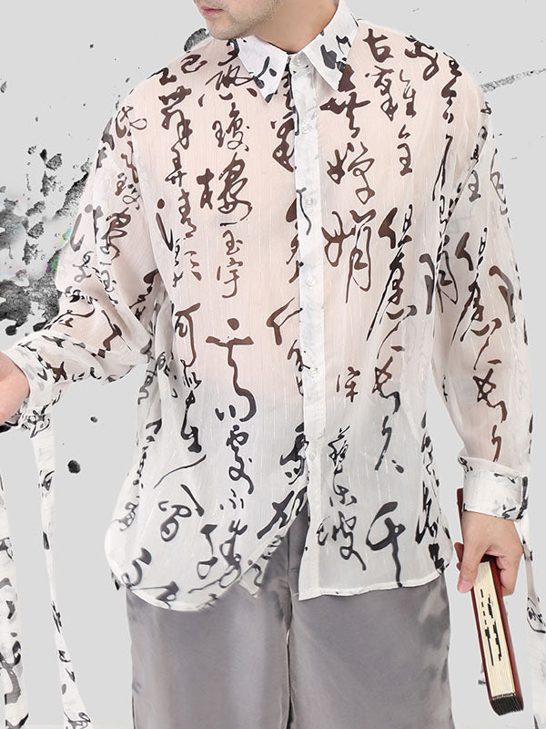 Mens Chinese Character Print Sheer Long Sleeve Shirt SKUK69253