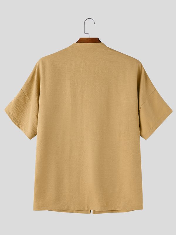 Men's High-Street Neo-Chinese Asymmetric Covered Placket Short Sleeve Shirt SKUL74759