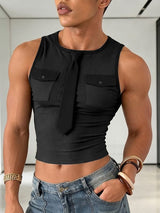 Men's Avant-Garde Tie Detail Cropped Ribbed Fitted Muscle Cargo Tank SKUL69668