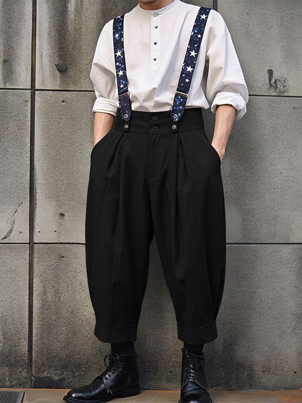 Men's Vintage British Star Printed Double-Button Wide High-Waistband Overall SKUL63185