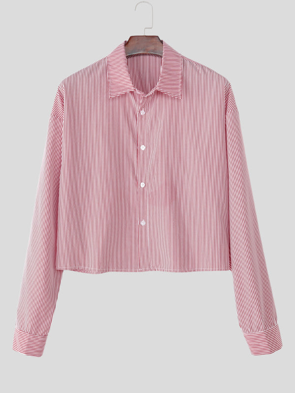 Men's Striped Lapel Cropped Long Sleeve Shirt SKUL31660