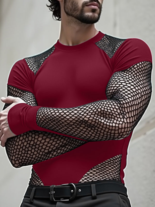 Mens Mesh Patchwork Sheer Long-Sleeve Bodysuit SKUK84402