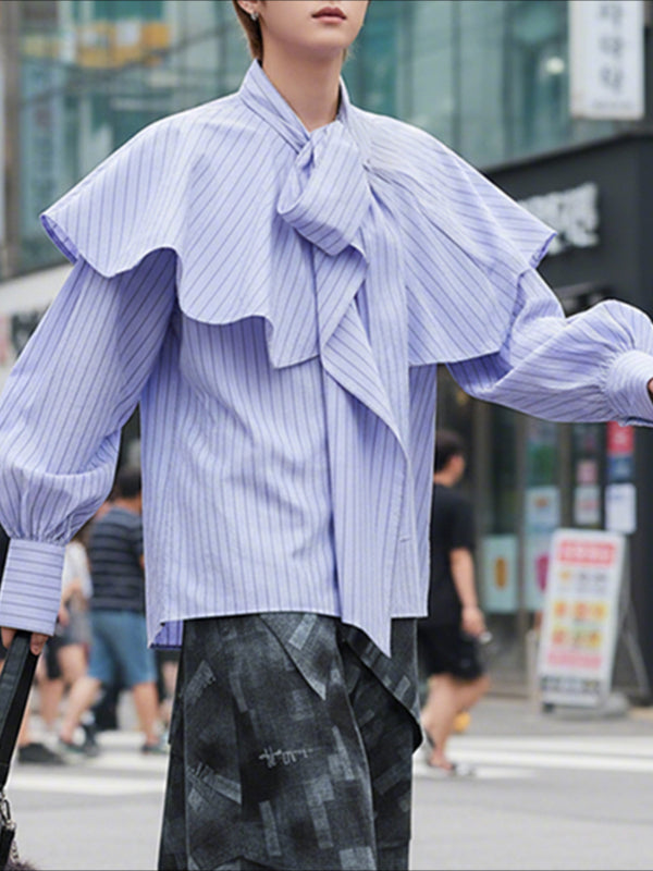 Men's Stripe Ruffle Long Sleeve Shirt SKUL47651