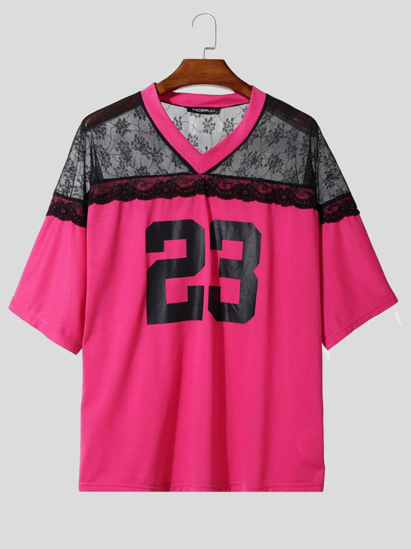 Men's Number Print Sheer Lace Patchwork Short Sleeve T-Shirt SKUL19020