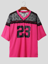 Men's Number Print Sheer Lace Patchwork Short Sleeve T-Shirt SKUL19020