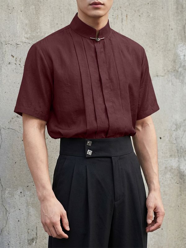 Men's Solid Color Pleated Stand Collar Short Sleeve Shirt SKUL56231