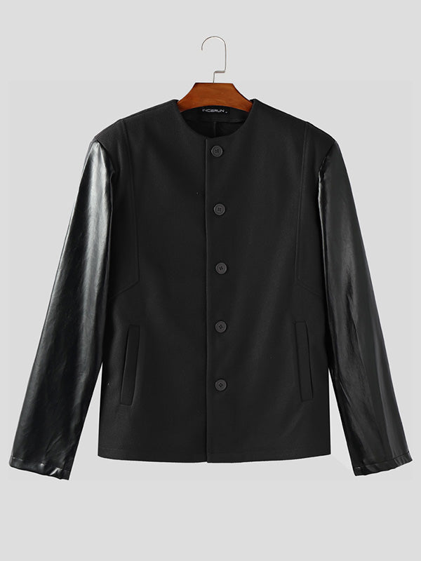 Men's Faux Leather Patchwork Loose Long Sleeve Blazer SKUL28507
