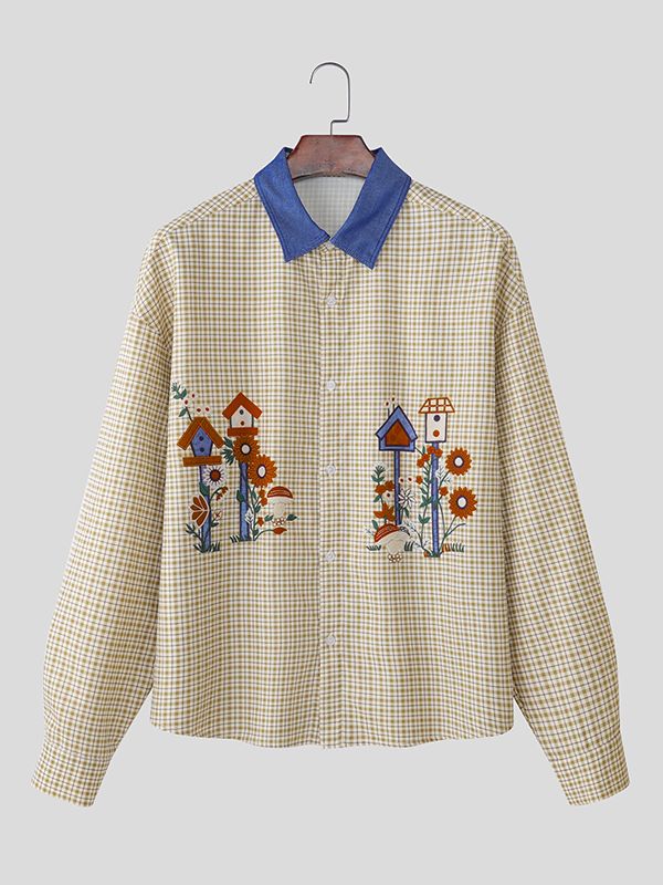 Men's Cartoon Print Plaid Contrast Collar Long Sleeve Shirt SKUL42673