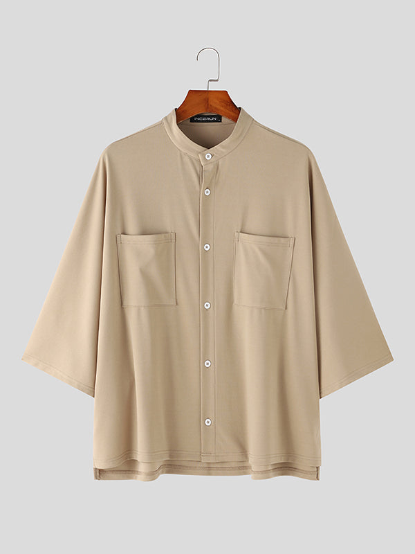 Mens Solid Stand Collar Double Pocket Shirt SKUK30797