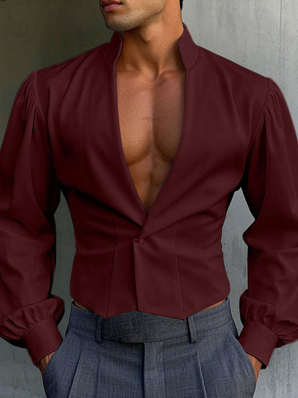 Mens Solid Color Deep V-Neck Long Sleeve Shirt SKUL01320