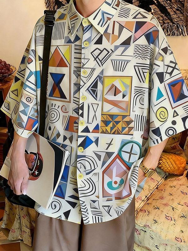 Men's Abstract Geometric Art Print Oversized City Boy Shirt SKUL59520