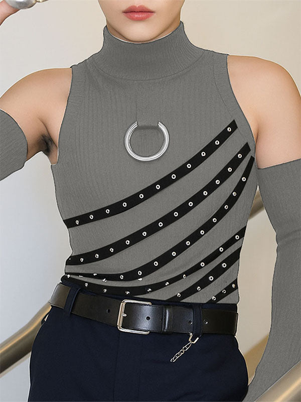 Men's Grommet Lace-Up Patchwork T-Shirt SKUL21165