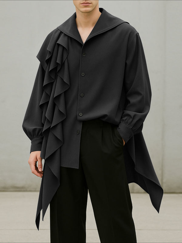 Men's Solid Color Ruffled Patchwork Long Sleeve Shirt SKUL35019