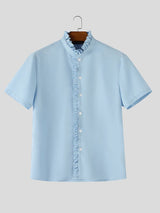 Men's Solid Color Ruffle Patchwork Short Sleeve Shirt SKUL57656