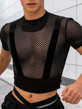 Men's Avant-Garde Sheer Mesh Harness-Detail Cropped Short Sleeve T-shirt SKUL57685