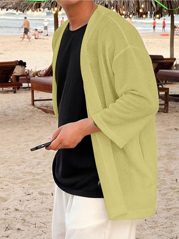 Men's Solid Color Textured 3/4 Length Sleeve Cardigan SKUL25829