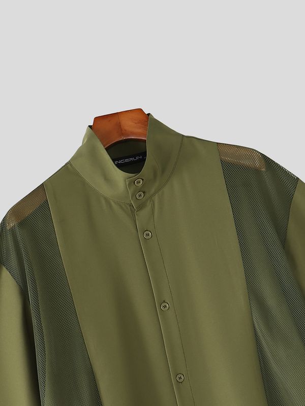 Men's Vintage Modern Chinese Mesh Patchwork Mandarin Collar Short Sleeve Shirt SKUL71303
