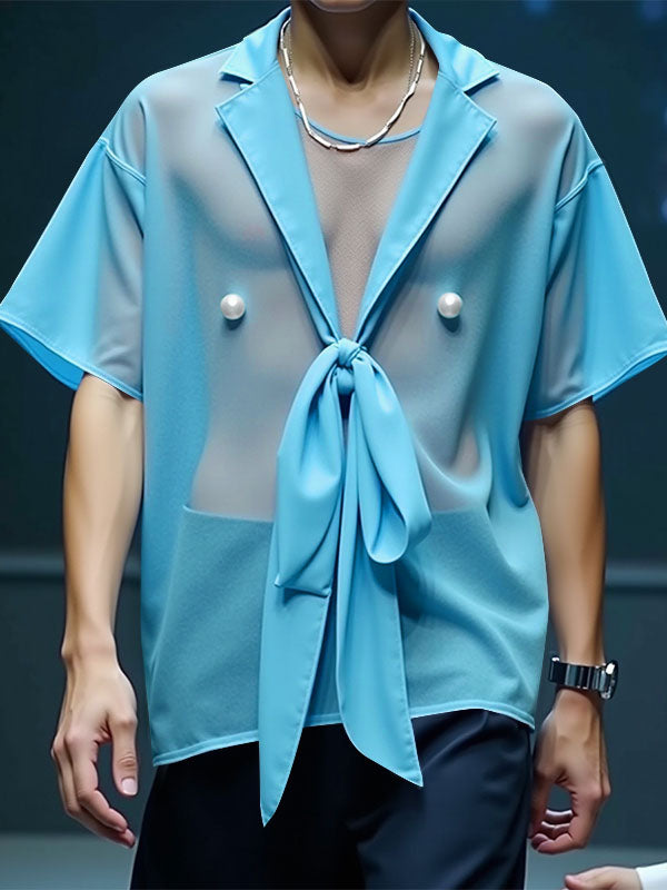 Mens Sheer Mesh Tie-Front Short Sleeve Shirt SKUL10914