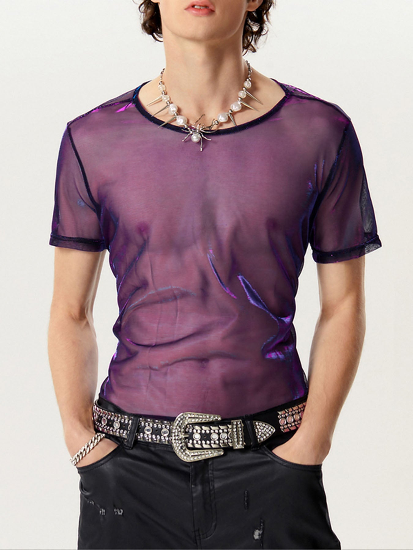 Mens See-through Two-tone Short Sleeved T-Shirts SKUI08937