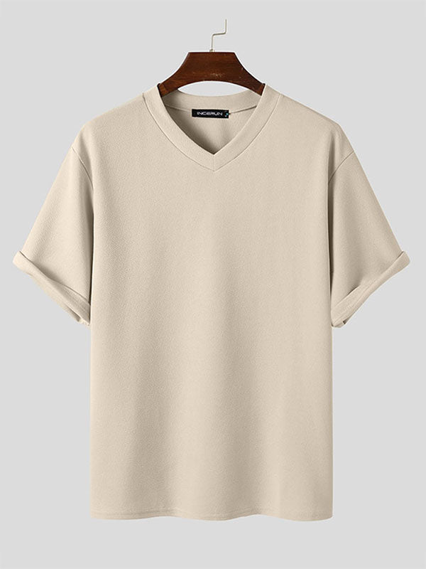 Mens V-neck Solid Color Short-sleeved T-shirt SKUI88111