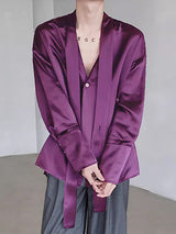 Mens Solid Satin V-Neck Long Sleeve Shirt SKUK53587