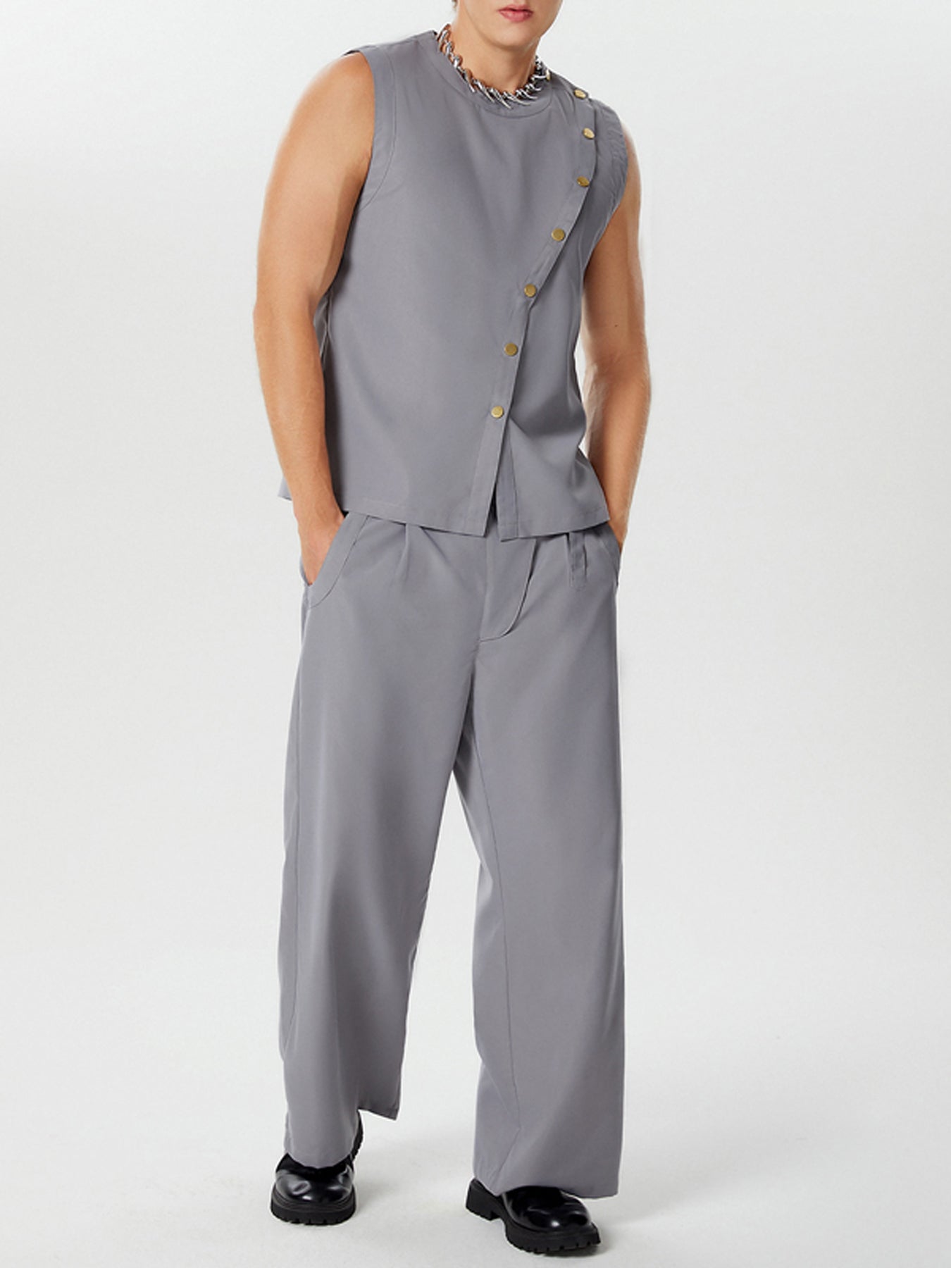 Mens Asymmetrical Front Sleeveless Two-Piece Suits SKUK58611