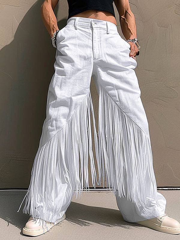 Mens Fringe Patchwork Solid Color Straight Leg Pant SKUK59918