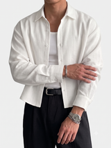 Men's High-Street Minimalist Aesthetic Structured Bamboo Slub Textured Cropped Long Sleeve Shirt SKUL73658