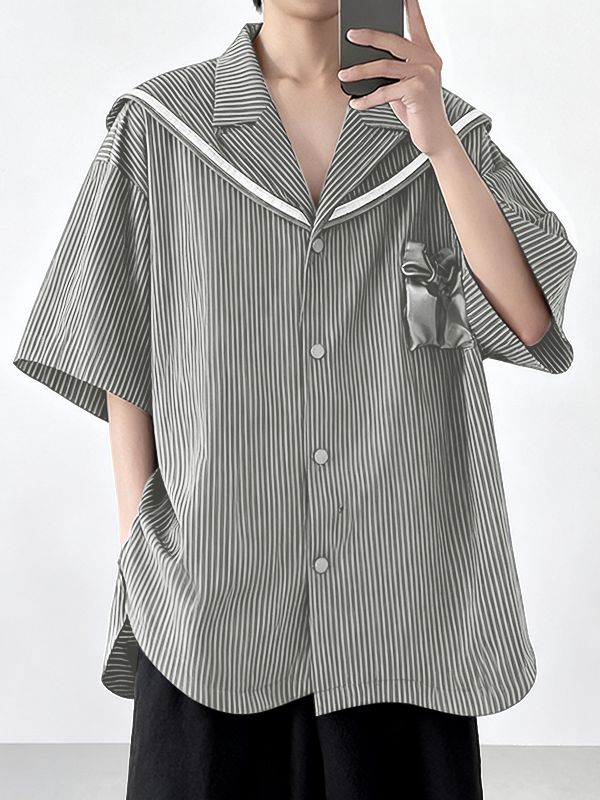 Men's Satin Bow Striped Sailor Collar Shirt SKUL41064