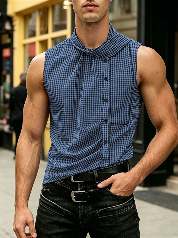Men's Avant-Garde Asymmetrical Striped Sleeveless High Neck Deconstructed Shirt SKUL65183