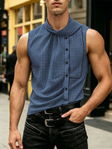 Men's Avant-Garde Asymmetrical Striped Sleeveless High Neck Deconstructed Shirt SKUL65183