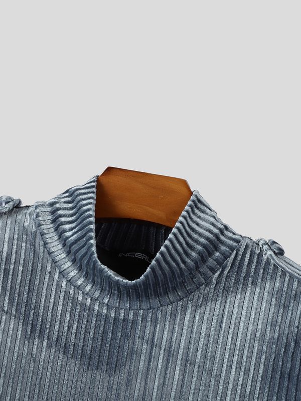 Men's Early Autumn Retro Pleated Velvet Slim Fit Long Sleeve Turtleneck T-shirt SKUL81737