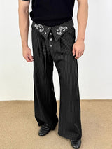 Men's Striped Embroidered Wide Leg High Waist Pant SKUL31995