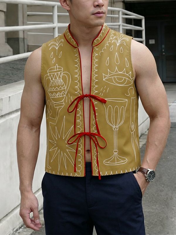 Men's Avant-Garde Embroidered Mystic Graphic Tie-Front Stand Collar Waistcoat SKUL62793