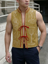 Men's Avant-Garde Embroidered Mystic Graphic Tie-Front Stand Collar Waistcoat SKUL62793