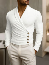 Men's Solid Color Asymmetric Placket Knit Long Sleeve T-shirt SKUL44008